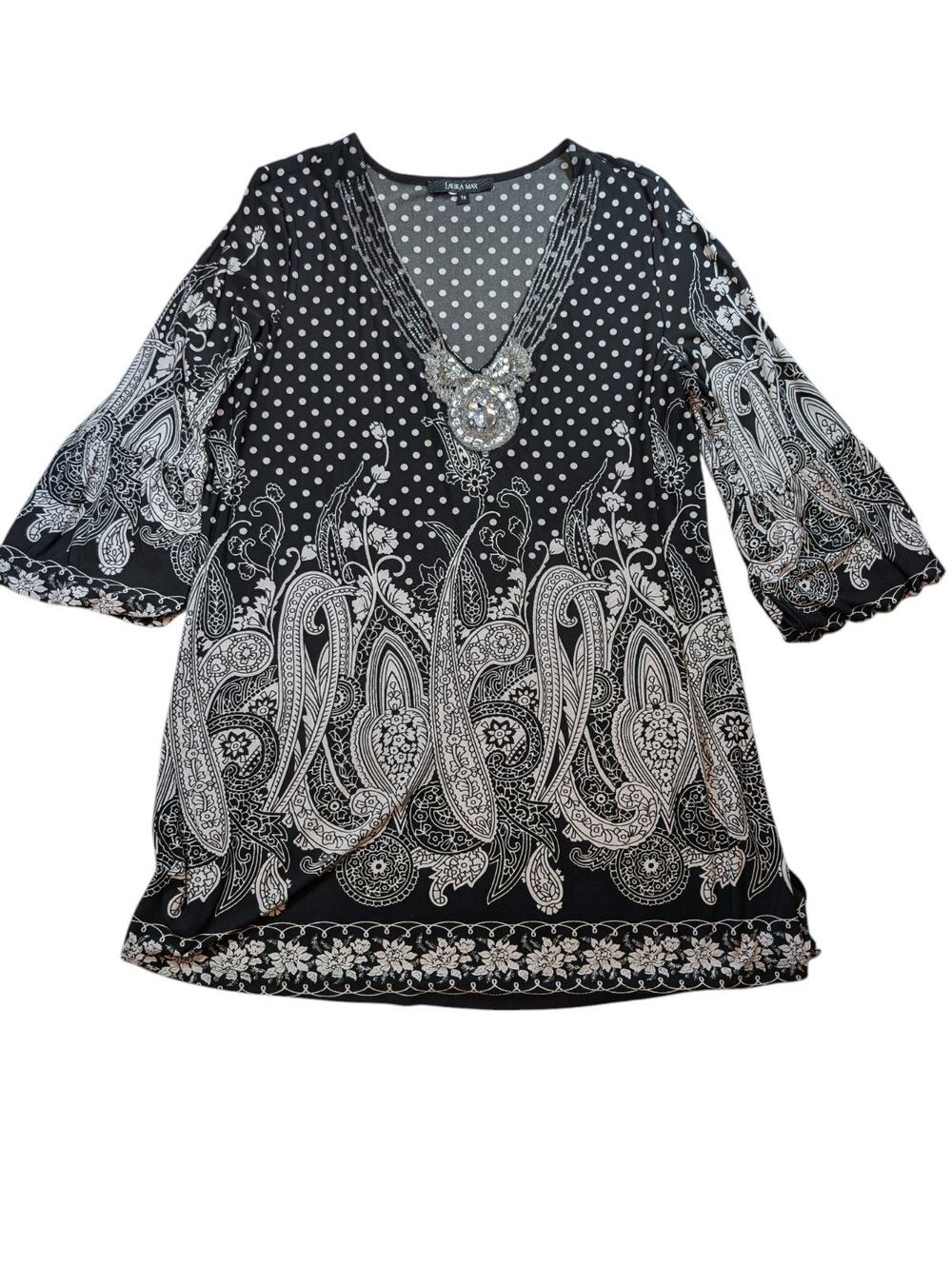 Vintage Polka Dot Floral Jewel Neck Blouse Bishop Sleeve 90s Statement Top XL